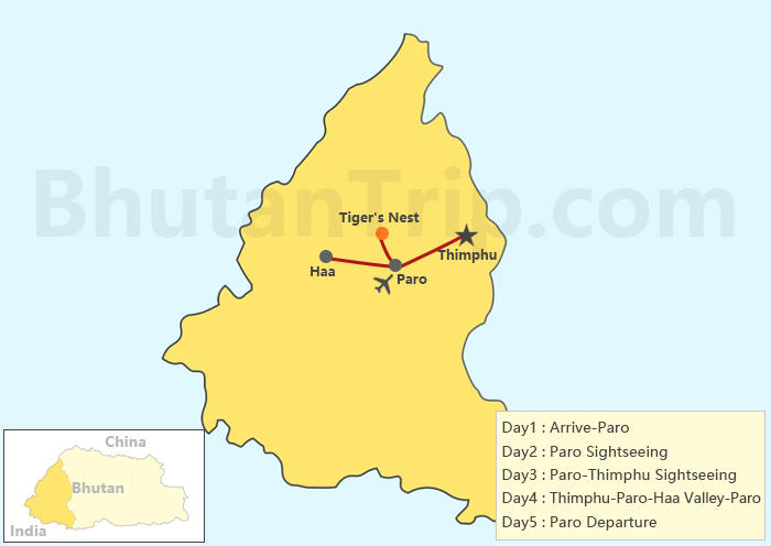 5 Days Bhutan Group Tour Map
