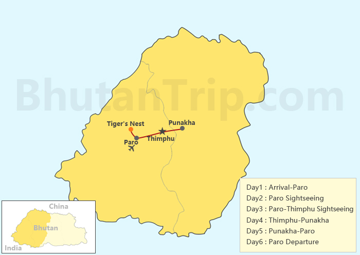 6 Days Bhutan Group Tour Map
